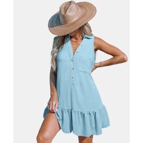 Cupshe V-neck sleeveless ruffle mini dress sky blue size small Coverup - Picture 1 of 6